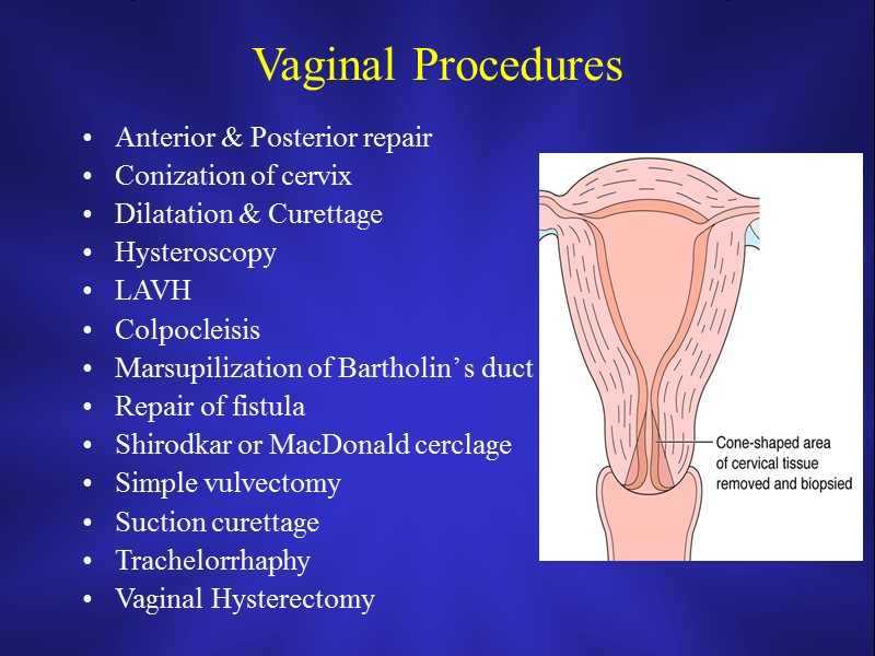 Vaginal Procedures Anterior & Posterior repair Conization of cervix Dilatation & Curettage Hysteroscopy LAVH